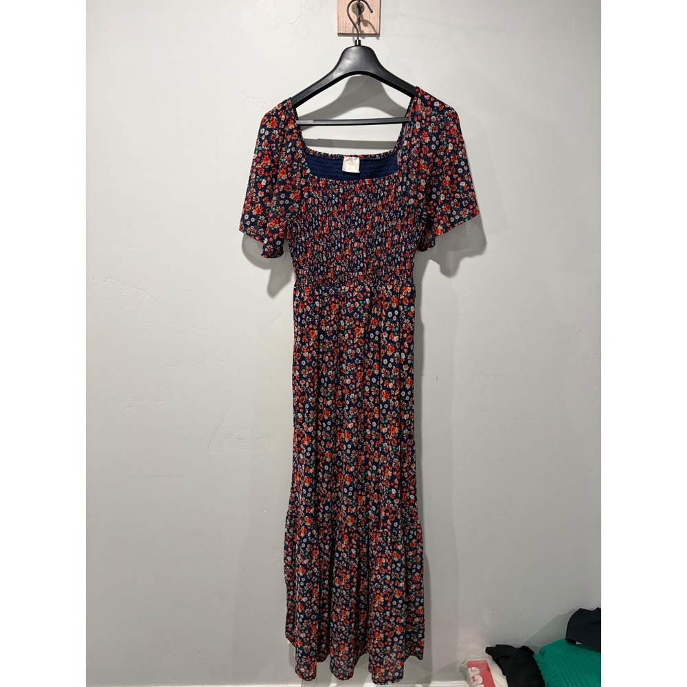 Sirenlily Floral Smocked Maxi Dress Navy Blue Ditsy Print Short Sleeve Large